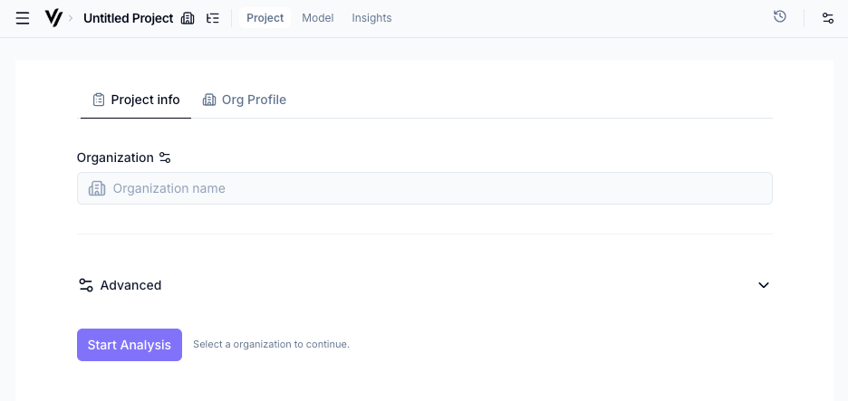 ViPlatform project setup form showing name, URL, location, sector fields and perspective selection
